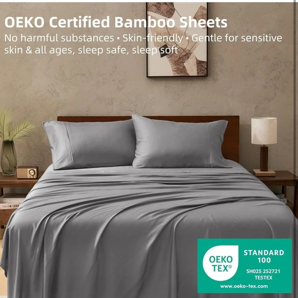Gökotta King Sheet Set 100% Bamboo Rayon Cooling Deep Pocket Grey Silky Soft